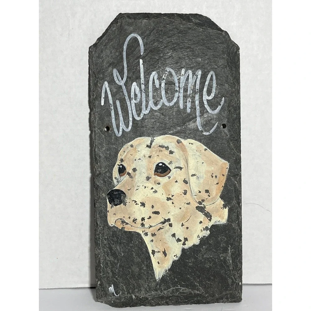 Hand Painted Slate Welcome Sign Yellow Labrador Retriever Dog Rustic Stone Decor